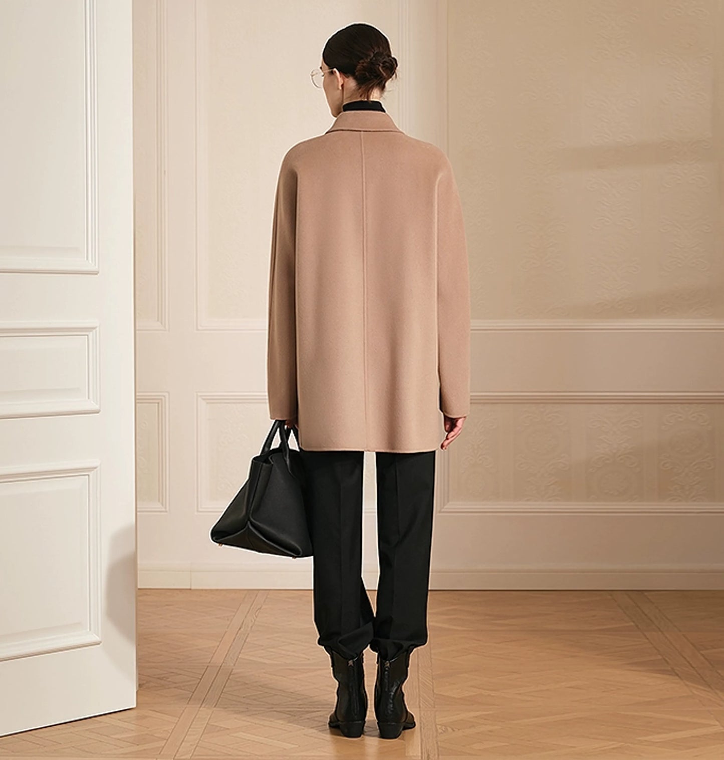 Isabella | Double-Breasted Merino Wool Coat | Mid-Thigh Coat with Notch Lapels & Horn Buttons