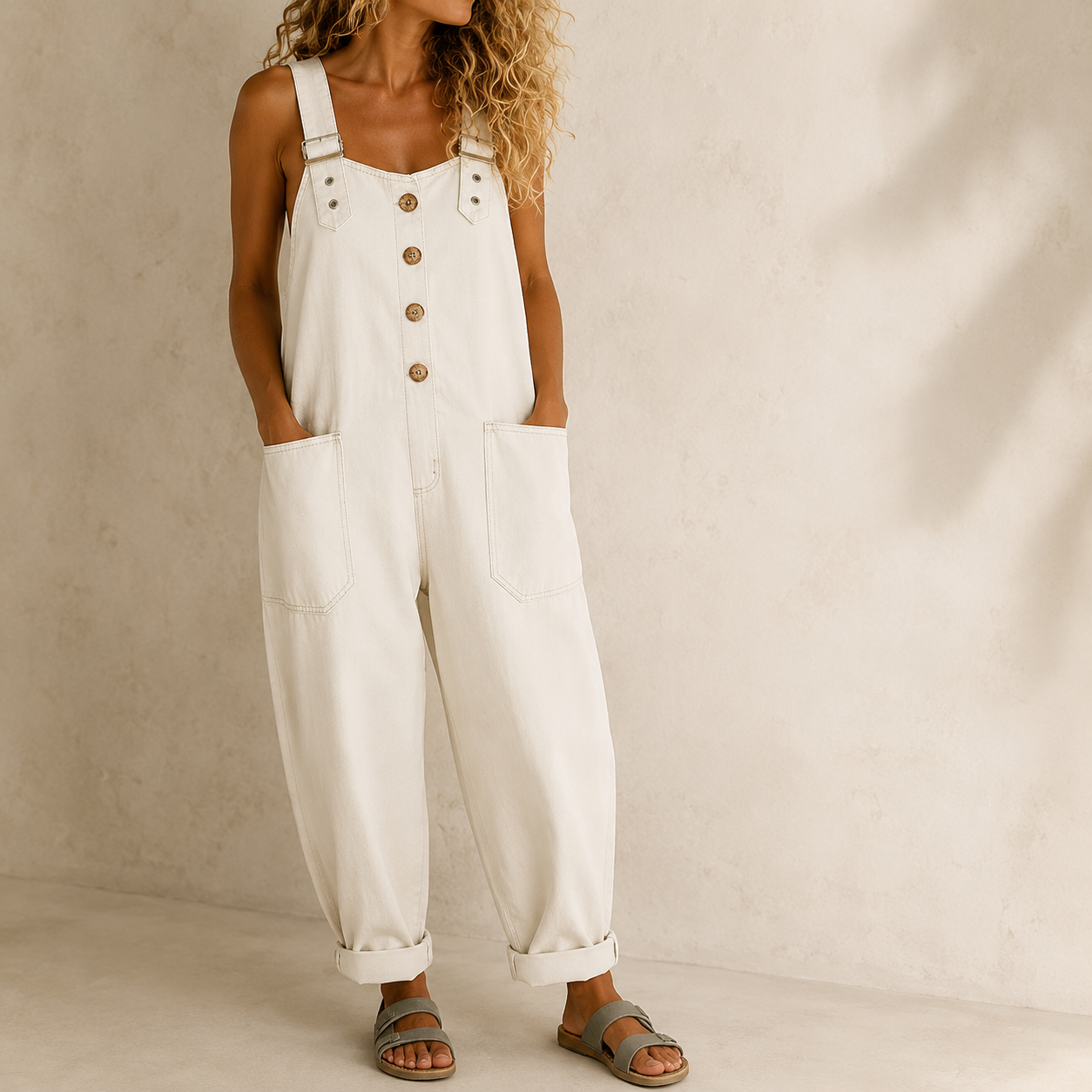 Florence | Vintage Soft Cotton Denim Adjustable-Strap Wide-Leg Jumpsuit