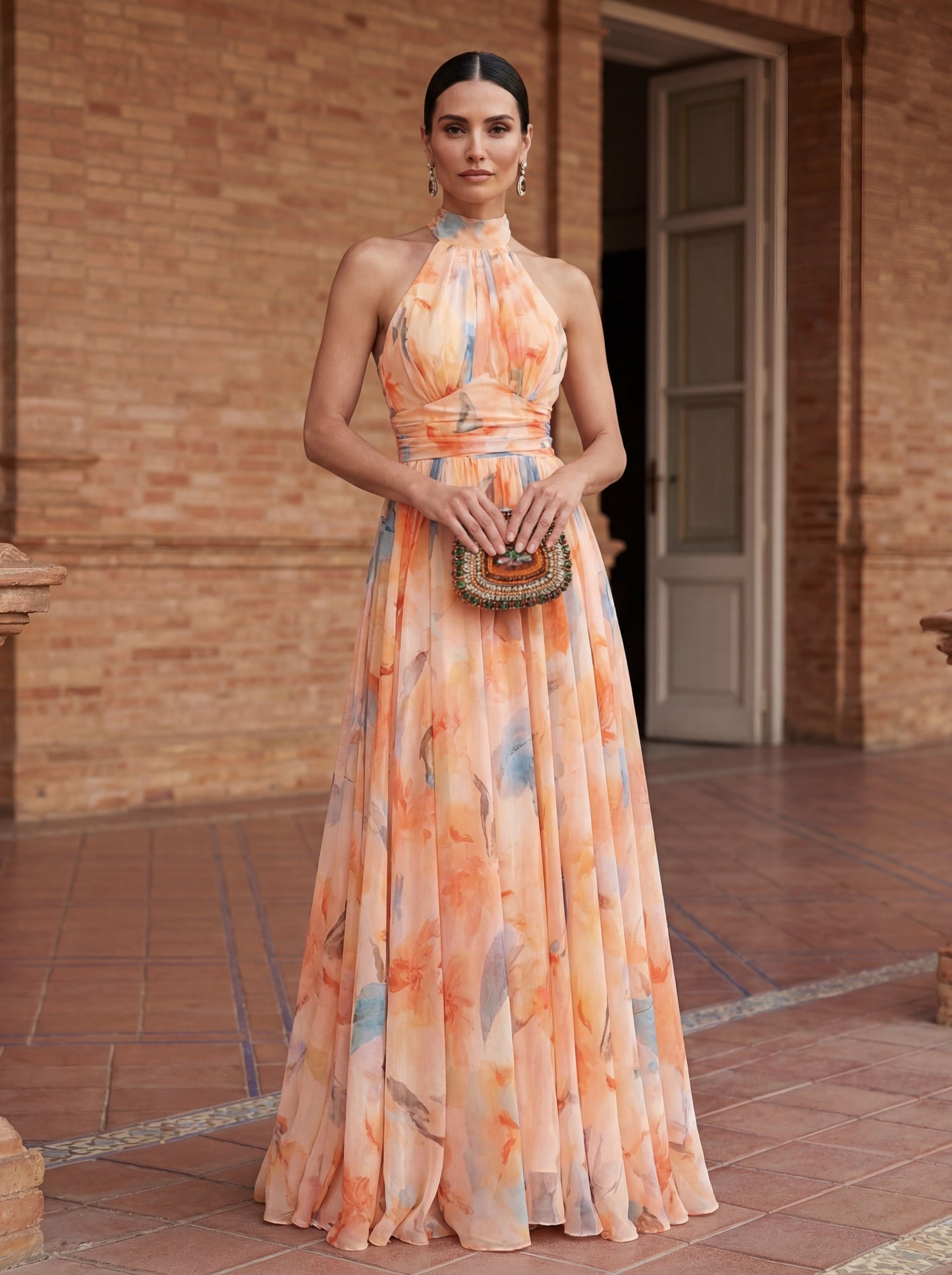 Esther Watercolor Print Halter Neck Midi Dress