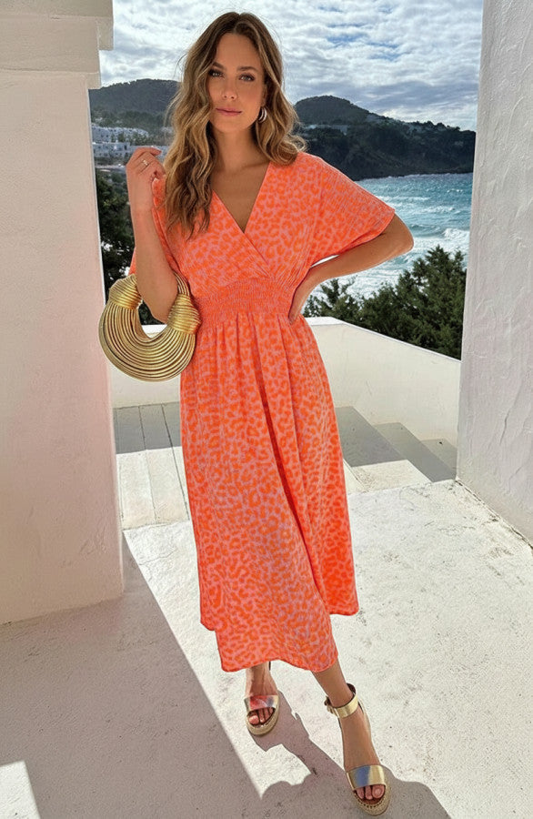 Neon Orange V-Neck Maxi Print Dress - Full Length
