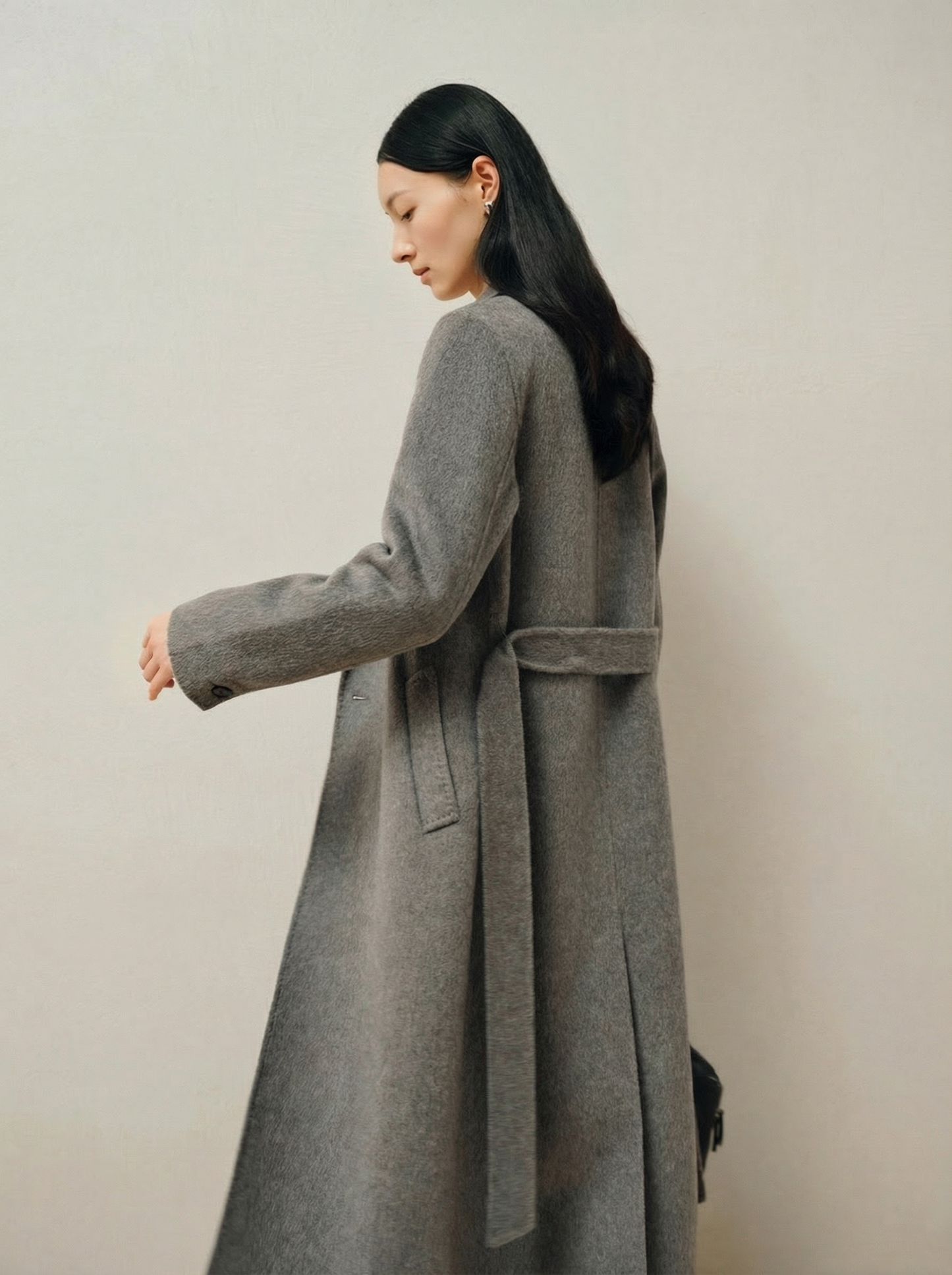 Helena | Heather Grey Overcoat | Belted Double-Breasted Long Coat with Notch Lapels