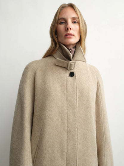 Celeste | Curved Cocoon Wool Coat | British Shetland Wool Long Coat with Raglan Shoulders