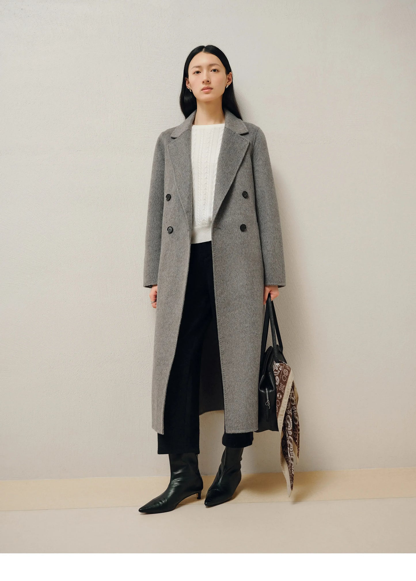 Helena | Heather Grey Overcoat | Belted Double-Breasted Long Coat with Notch Lapels