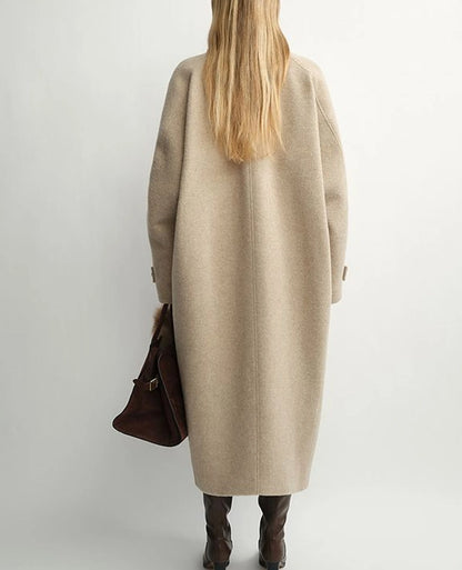 Celeste | Curved Cocoon Wool Coat | British Shetland Wool Long Coat with Raglan Shoulders