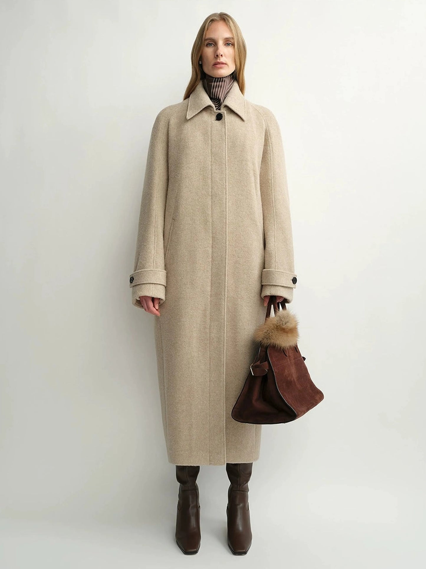 Celeste | Curved Cocoon Wool Coat | British Shetland Wool Long Coat with Raglan Shoulders