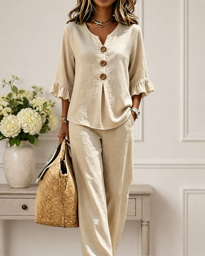 Luminara | Elegant Ruffle Sleeve Top with Wide-Leg Pants