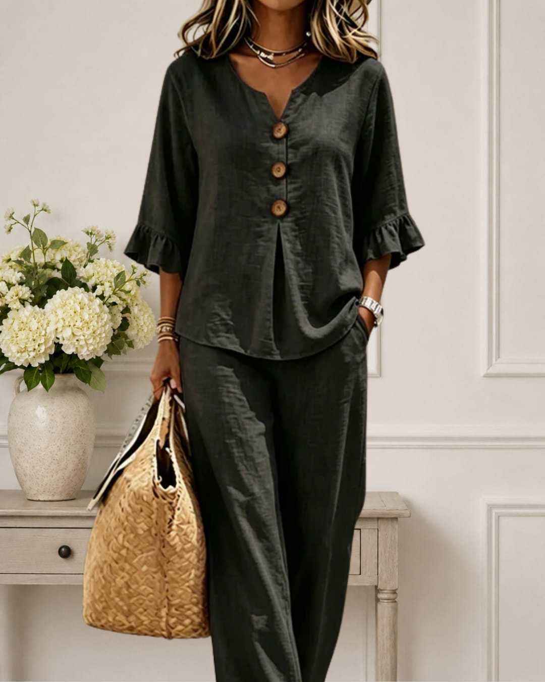 Luminara | Elegant Ruffle Sleeve Top with Wide-Leg Pants