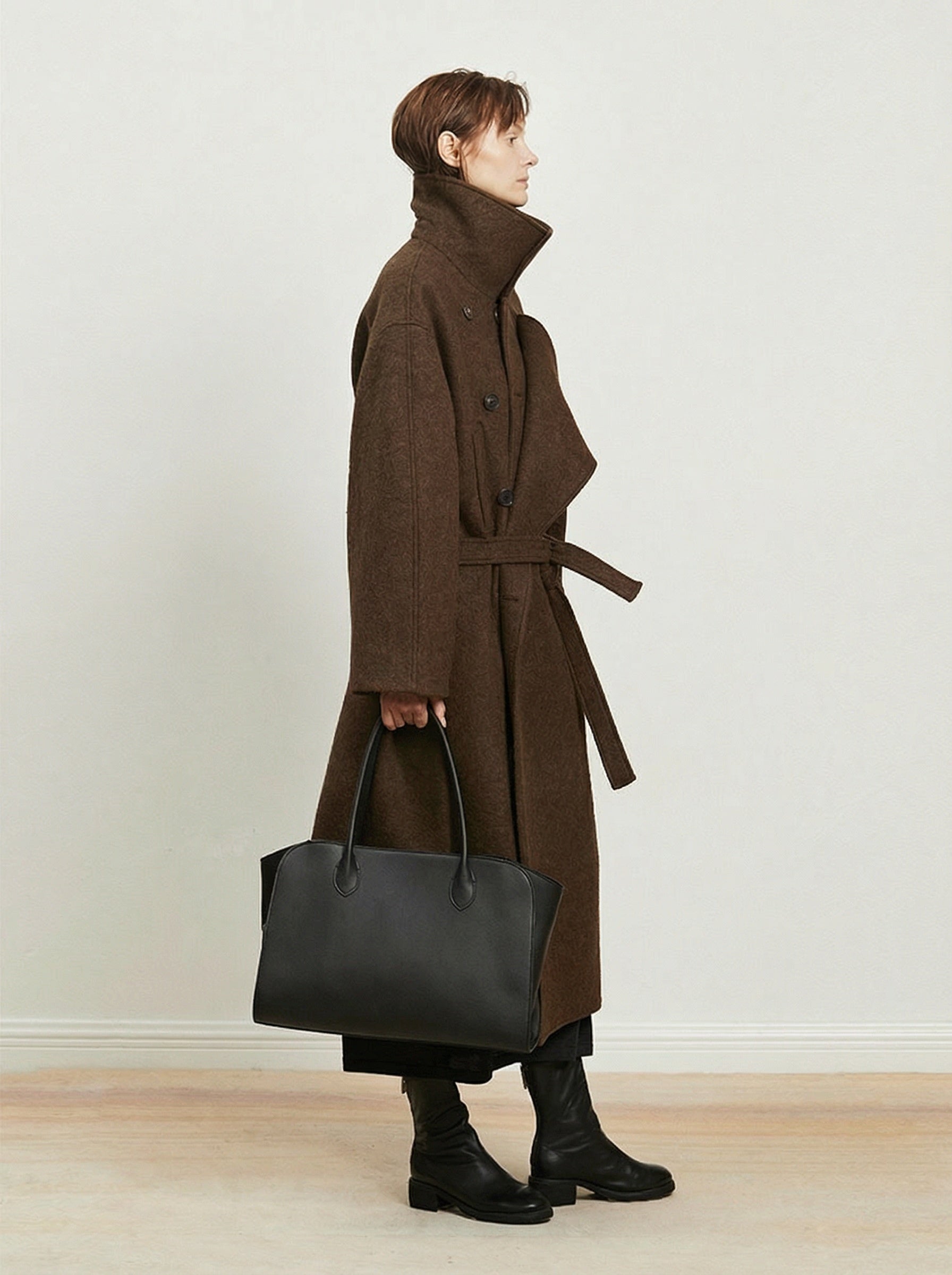 Delphine Belted High-Neck Coat - Licorice Brown