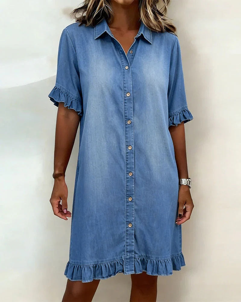 Delphine | Casual Denim Ruffle-Sleeve Button Dress