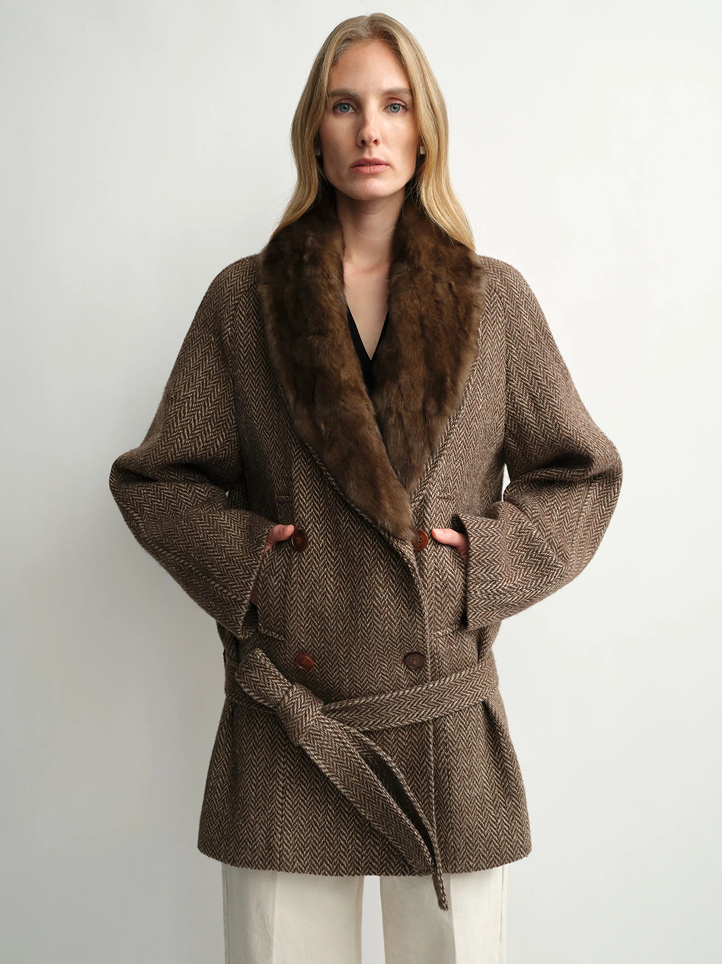 Camille | Alpaca Wool Shawl-Collar Coat | Double-Breasted Belted Short Coat with Detachable Fur Collar