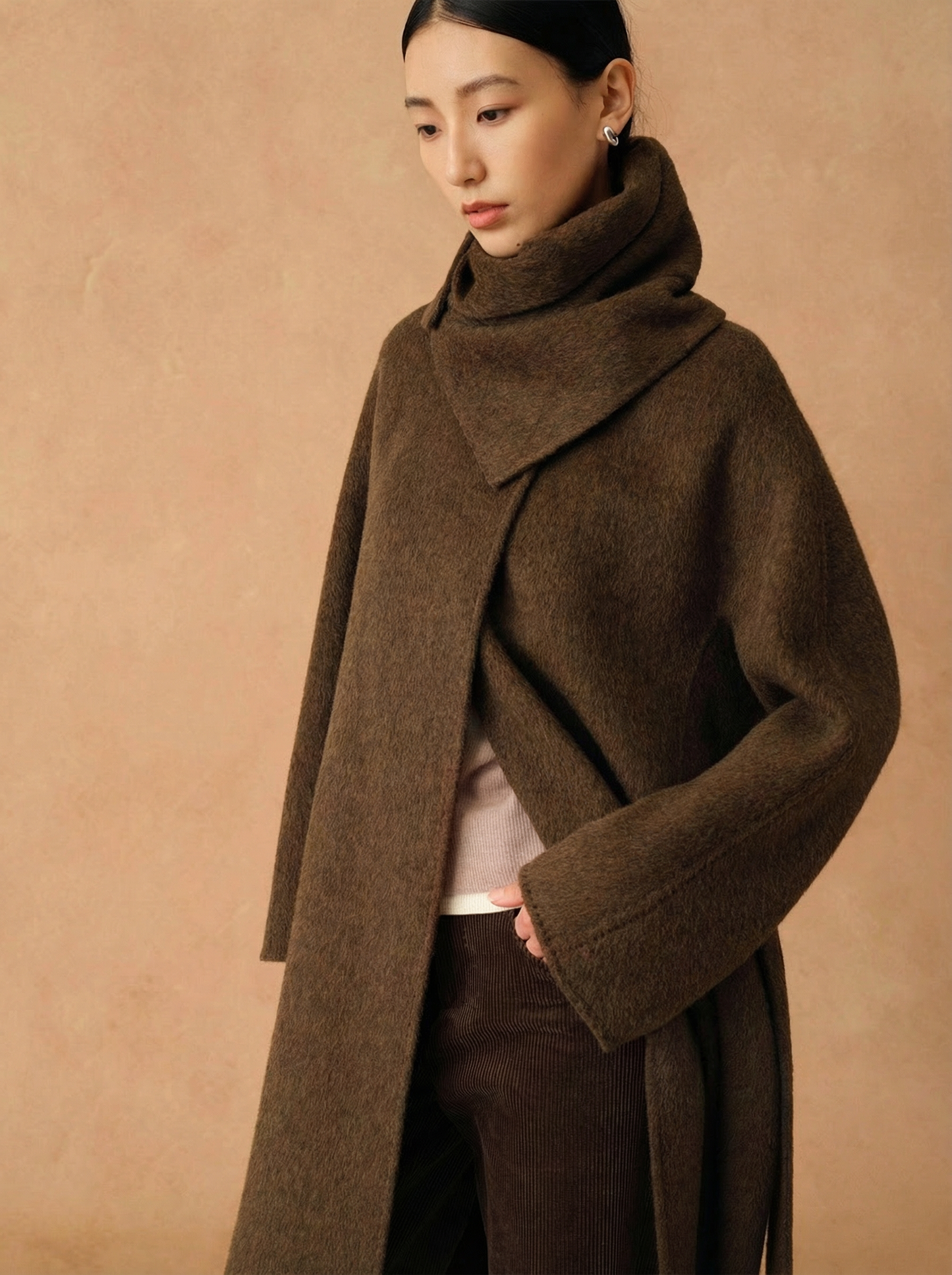 Colette | Detachable Scarf-Collar Wool Coat | Belted Long Coat in Double-Faced Merino & Camel Down