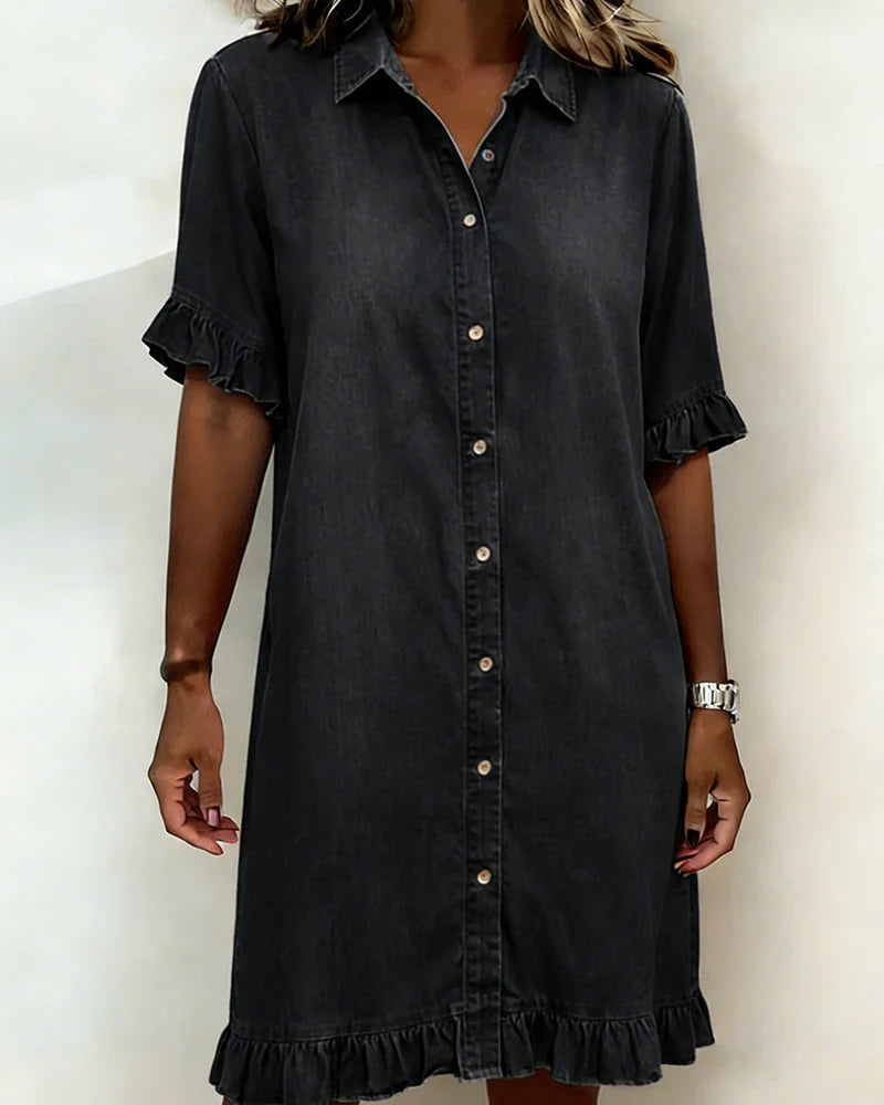 Delphine | Casual Denim Ruffle-Sleeve Button Dress