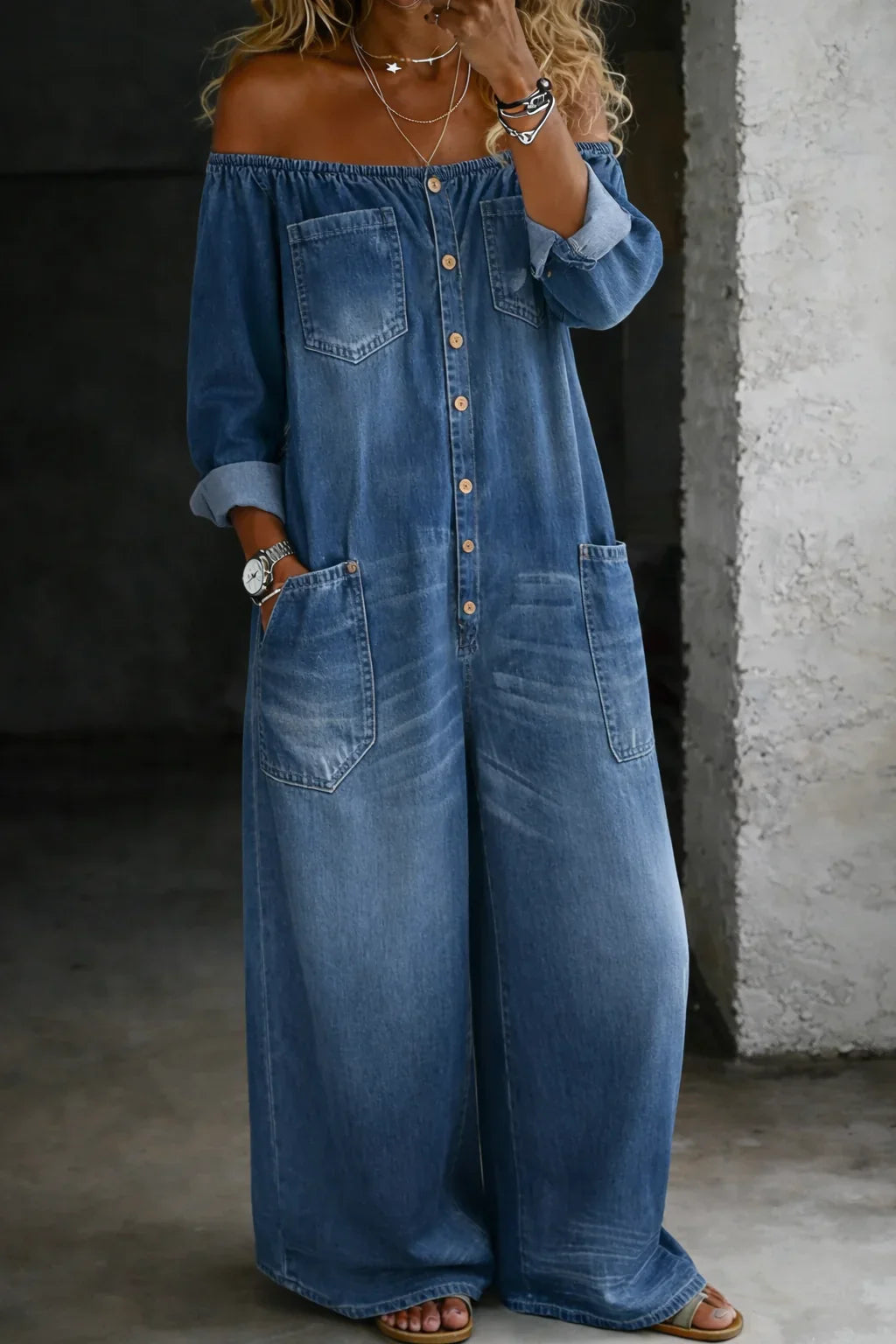 Elspeth | Long Sleeve Round Neck Denim Dress