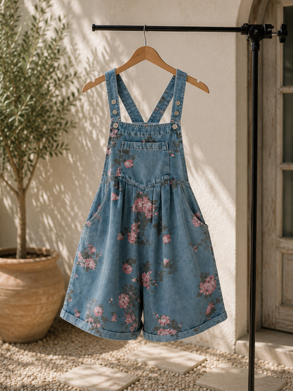 Sofyan | Vintage Floral Soft Cotton Denim Adjustable-Strap Jumpsuit