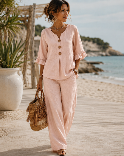 Luminara | Elegant Ruffle Sleeve Top with Wide-Leg Pants