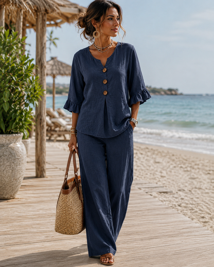 Luminara | Elegant Ruffle Sleeve Top with Wide-Leg Pants