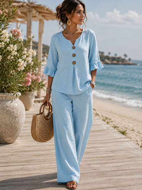 Luminara | Elegant Ruffle Sleeve Top with Wide-Leg Pants