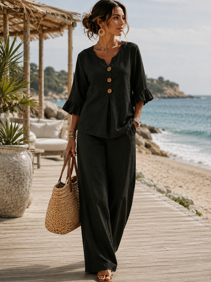 Luminara | Elegant Ruffle Sleeve Top with Wide-Leg Pants