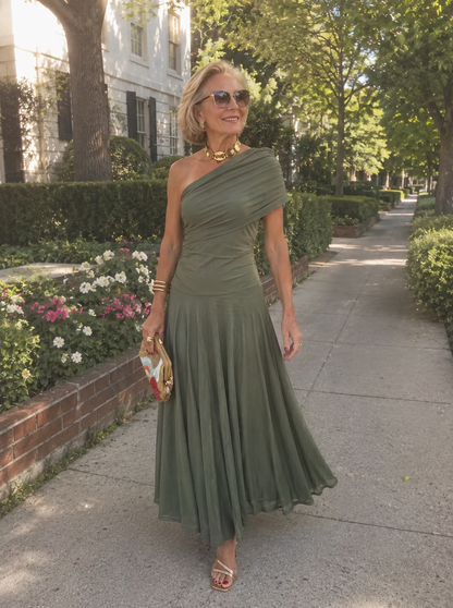 Toledo Asymmetric One-Shoulder Flowy Midi Dress