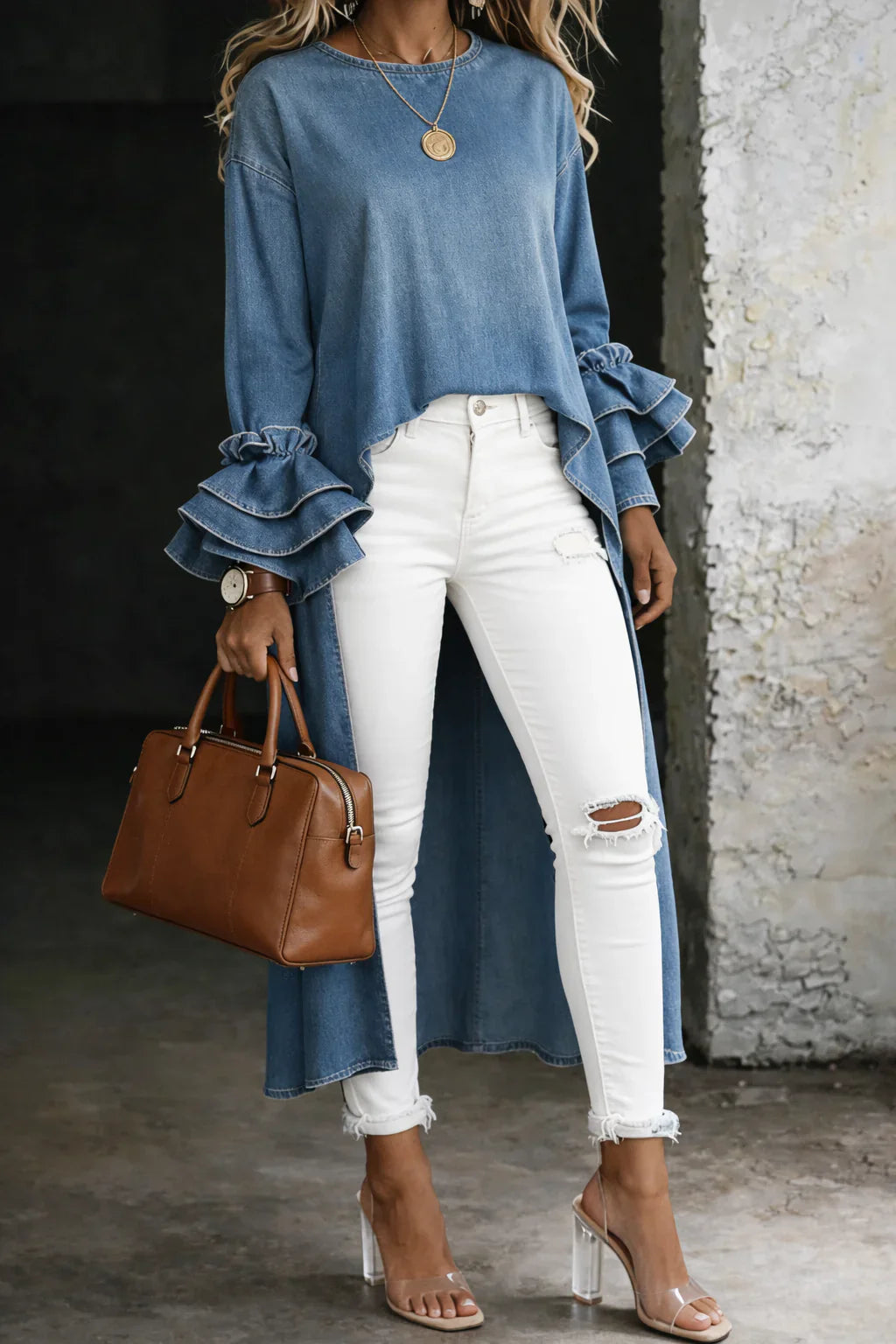 Beatrix | Casual V-Neck ¾ Sleeve Denim Shirt Top