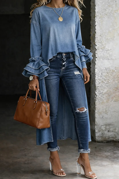 Beatrix | Casual V-Neck ¾ Sleeve Denim Shirt Top