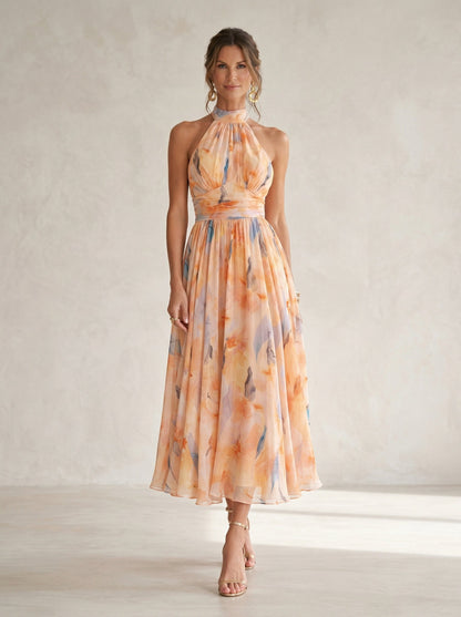 Esther Watercolor Print Halter Neck Midi Dress