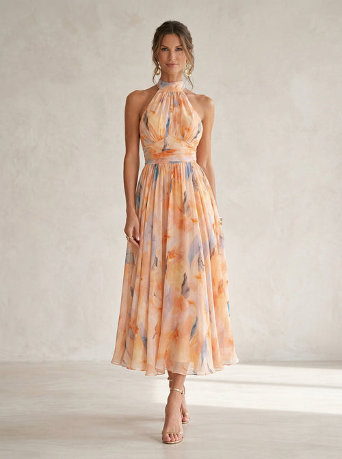 Esther Watercolor Print Halter Neck Midi Dress