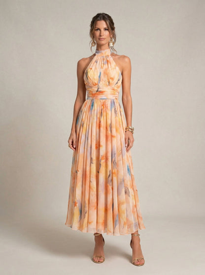 Esther Watercolor Print Halter Neck Midi Dress