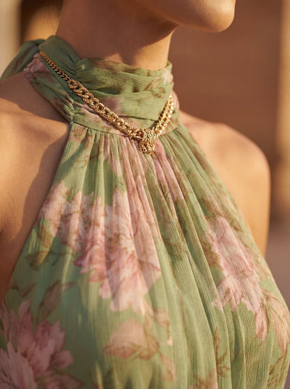 Olivia Halter Neck Cinched Waist Flowy Midi Dress