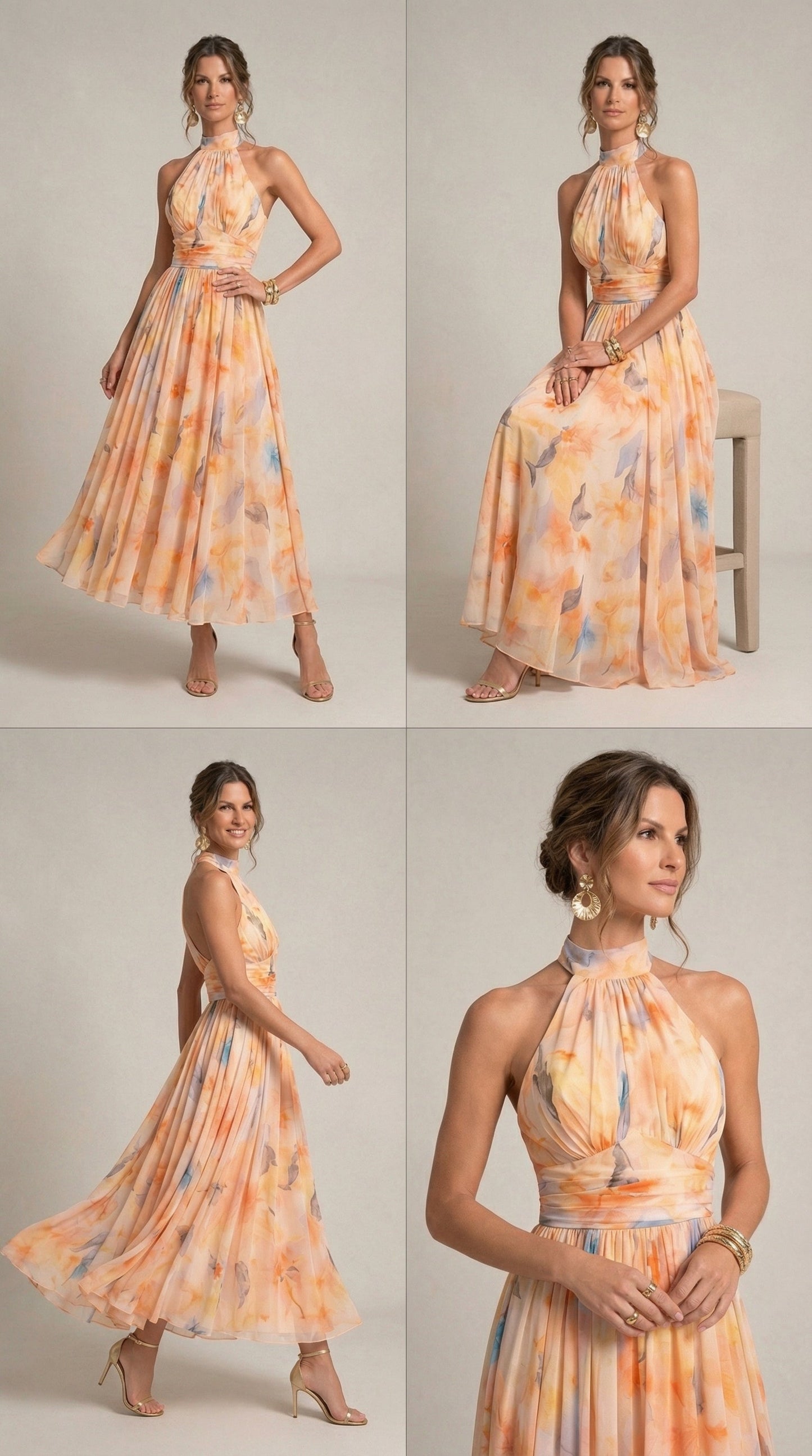 Esther Watercolor Print Halter Neck Midi Dress