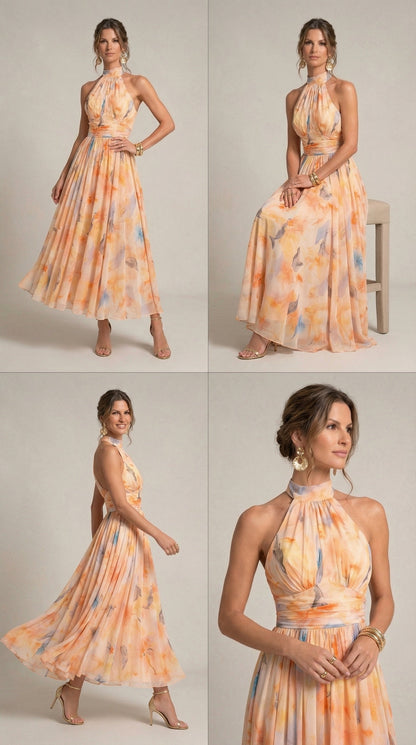 Esther Watercolor Print Halter Neck Midi Dress