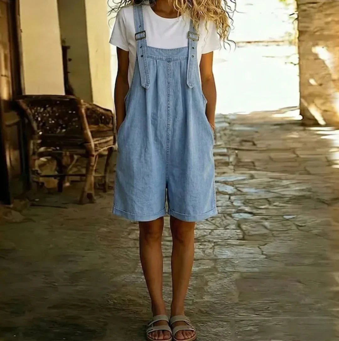 Rowena | Vintage Washed Short Denim Jumpsuit with Adjustable Straps