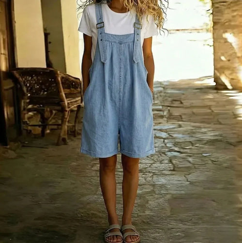 Rowena | Vintage Washed Short Denim Jumpsuit with Adjustable Straps