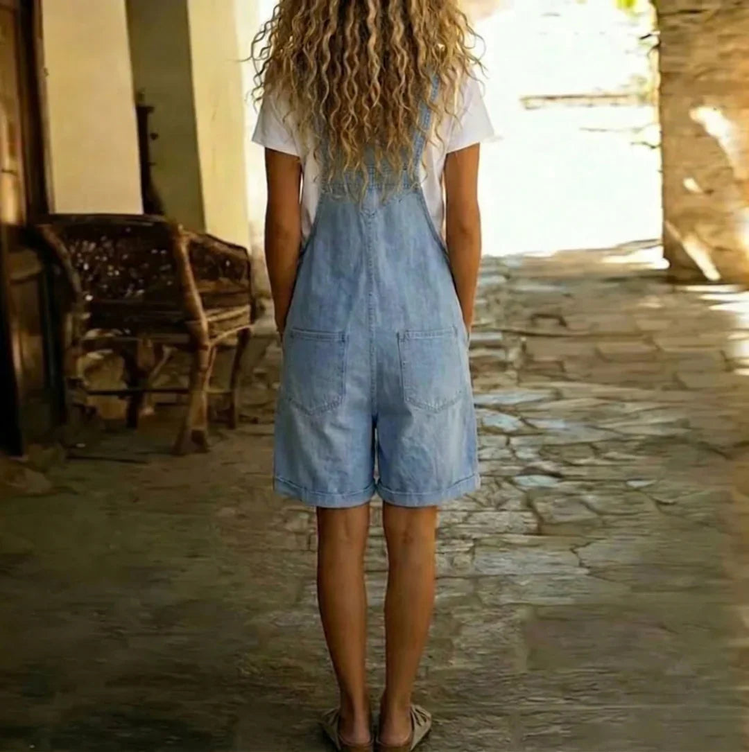 Rowena | Vintage Washed Short Denim Jumpsuit with Adjustable Straps