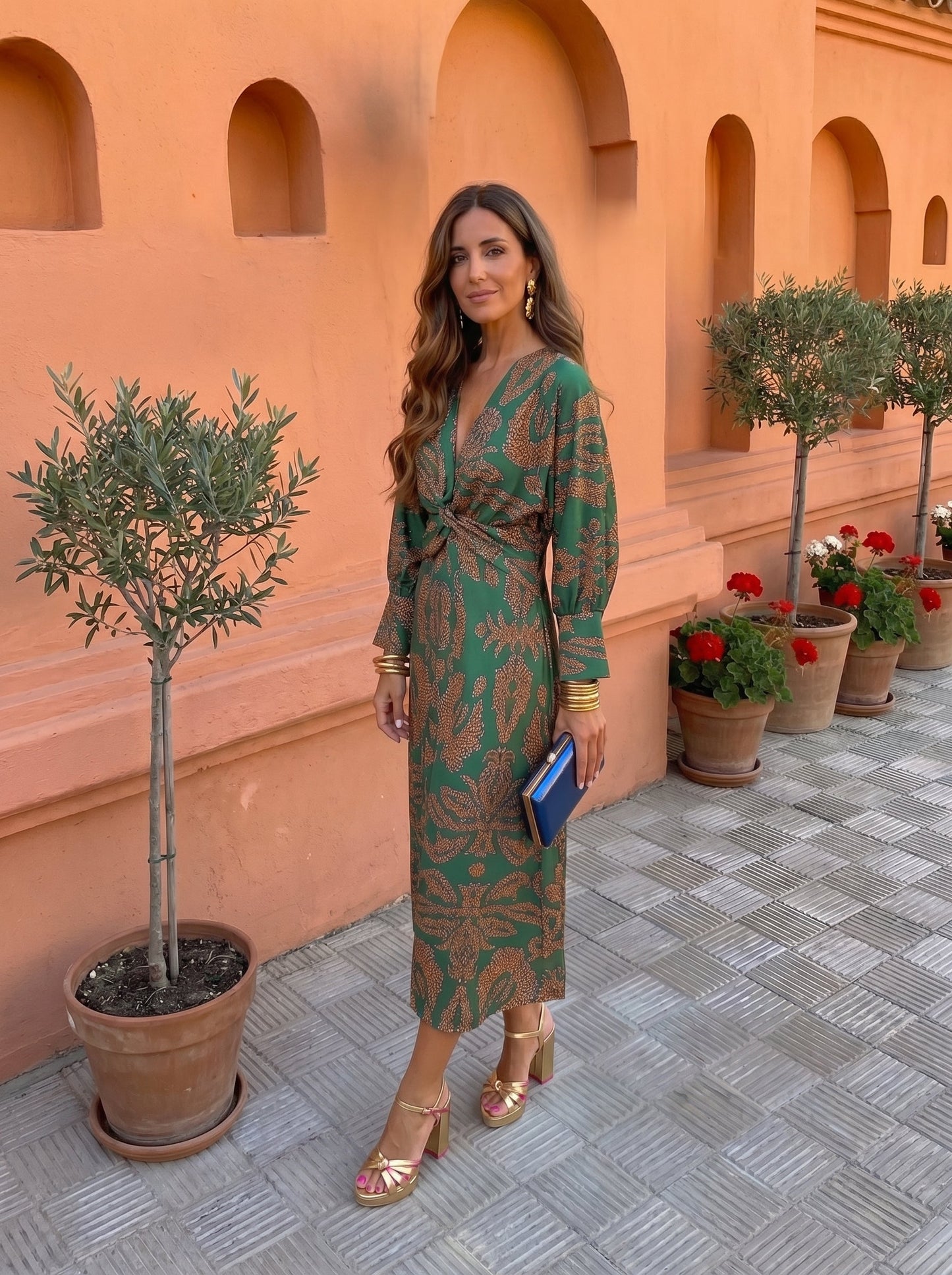 Silvia Artistic Print V-Neck Long Sleeve Midi Dress