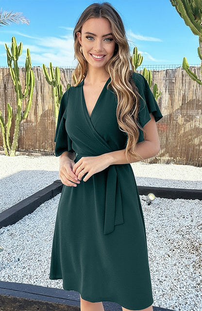 Florence Emerald Green Batwing V-Neck Midi Dress - Back View