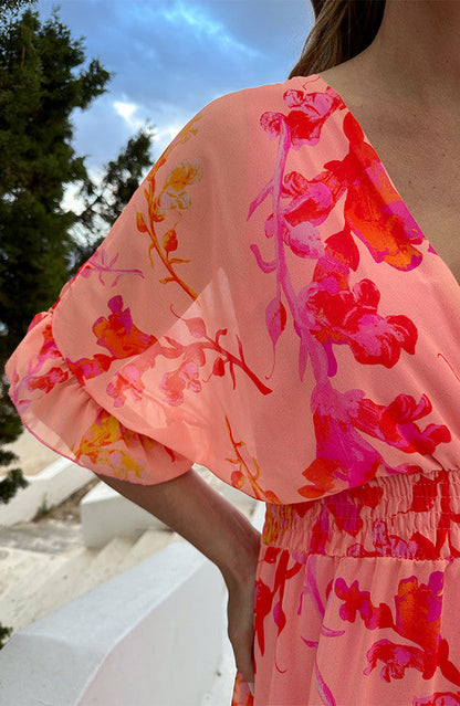 Peach Blossom Deep V-Neck Floral Maxi Dress - Front View