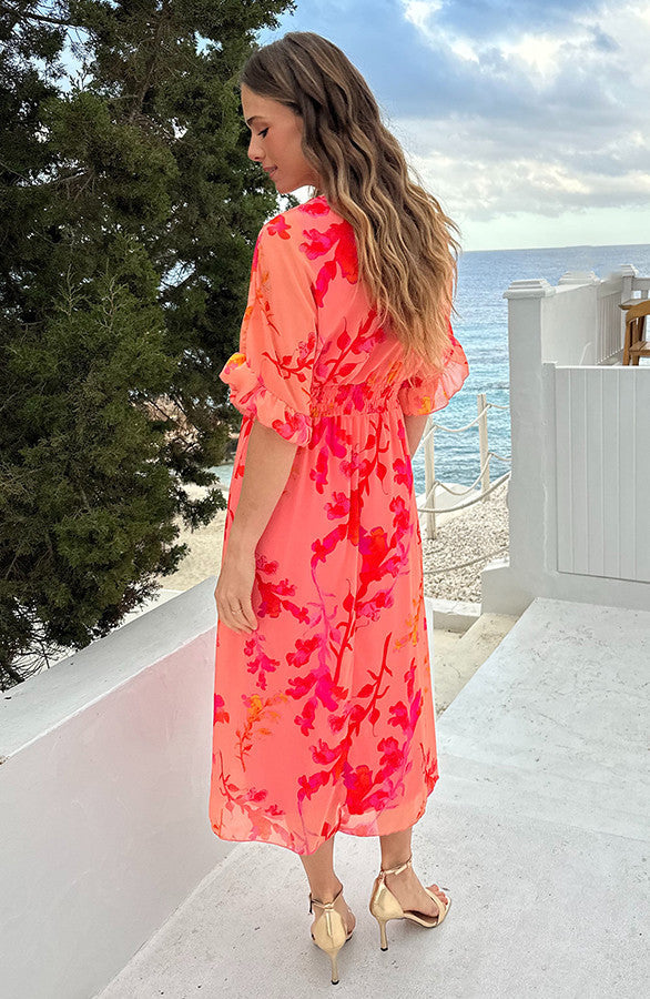 Peach Blossom Deep V-Neck Floral Maxi Dress - Side View