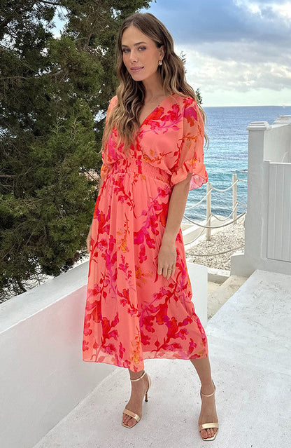 Peach Blossom Deep V-Neck Floral Maxi Dress - Style 5