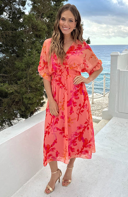 Peach Blossom Deep V-Neck Floral Maxi Dress - Style 6