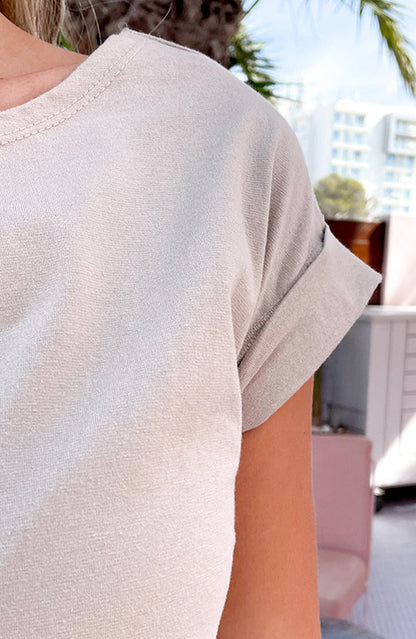 Noa Beige Short Sleeve Bow Midi Dress - Front View