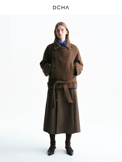 Aurelia | Asymmetric Belted Short Coat | Merino Wool Hip-Length Coat with Herringbone Detail