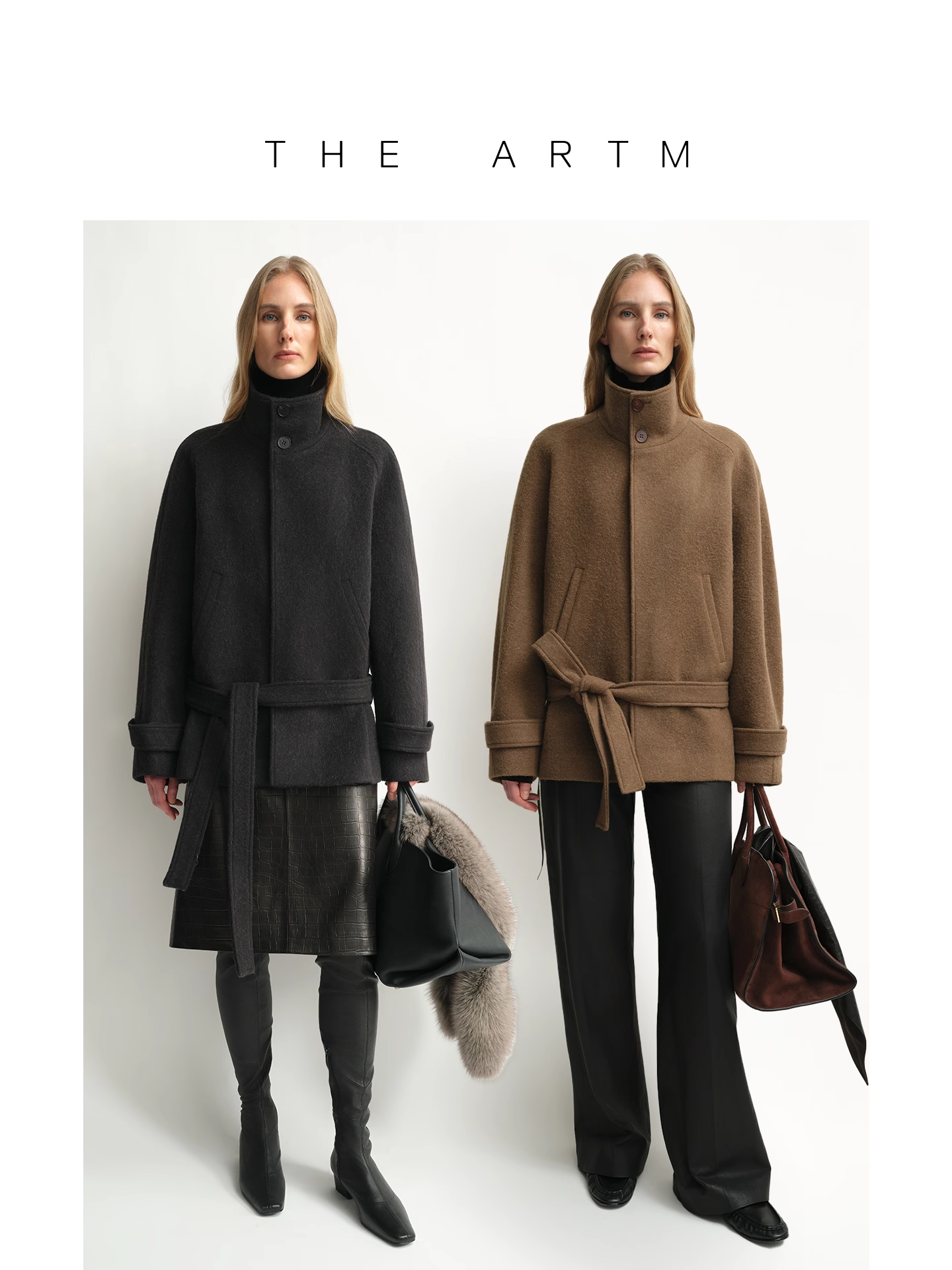 Sienna | Stand-Collar Alpaca Wool Coat | Belted Hip-Length Short Coat with Saddle-Shoulder Sleeves