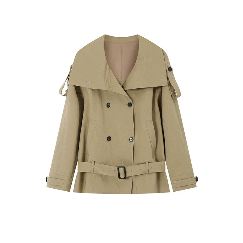 Noelle High-Collar Trench Jacket - Khaki