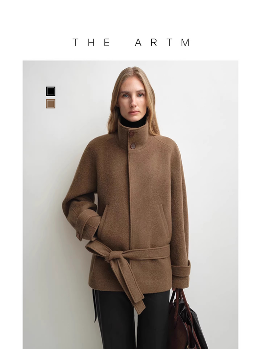 Sienna | Stand-Collar Alpaca Wool Coat | Belted Hip-Length Short Coat with Saddle-Shoulder Sleeves