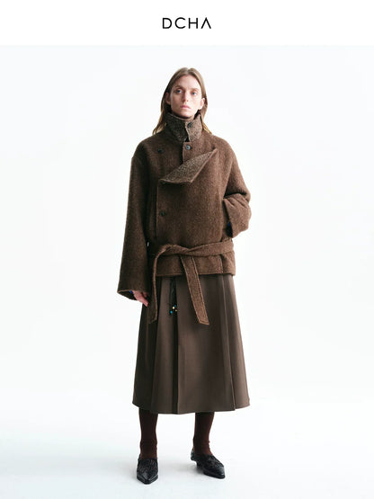 Aurelia | Asymmetric Belted Short Coat | Merino Wool Hip-Length Coat with Herringbone Detail