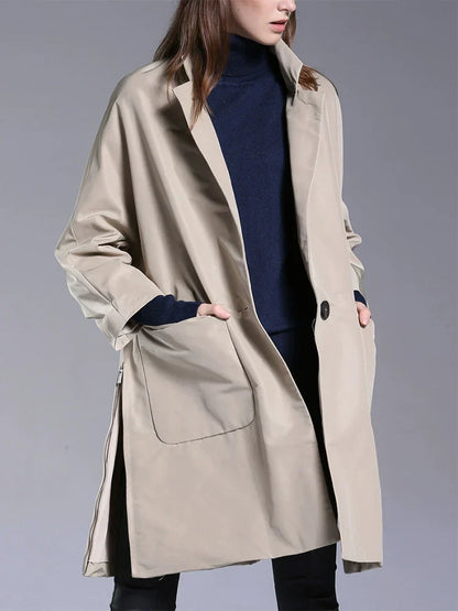 Simone | Mid-Length Beige Trench Coat | Stand-Collar Coat with Oversized Patch Pockets