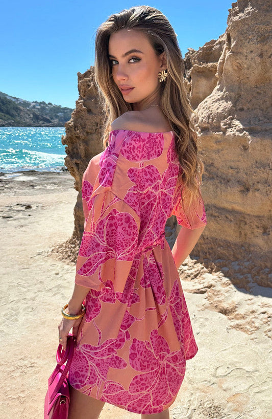 Coral Pink One-Shoulder Floral Midi Dress - Front View