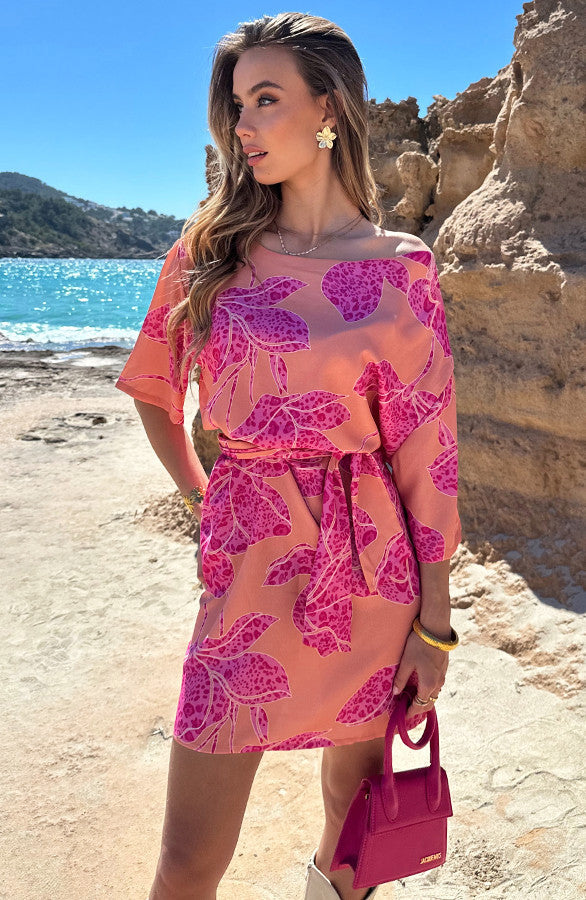 Coral Pink One-Shoulder Floral Midi Dress - Back View