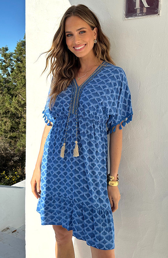 Maris Cobalt Blue Lurex Gold Print Midi Dress - Detail